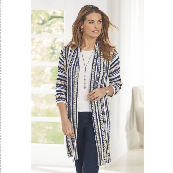 NorthStyle Blue Striped Mixed Yarn Open Drape Front Lightweight Long Cardigan - Picture 3 of 9